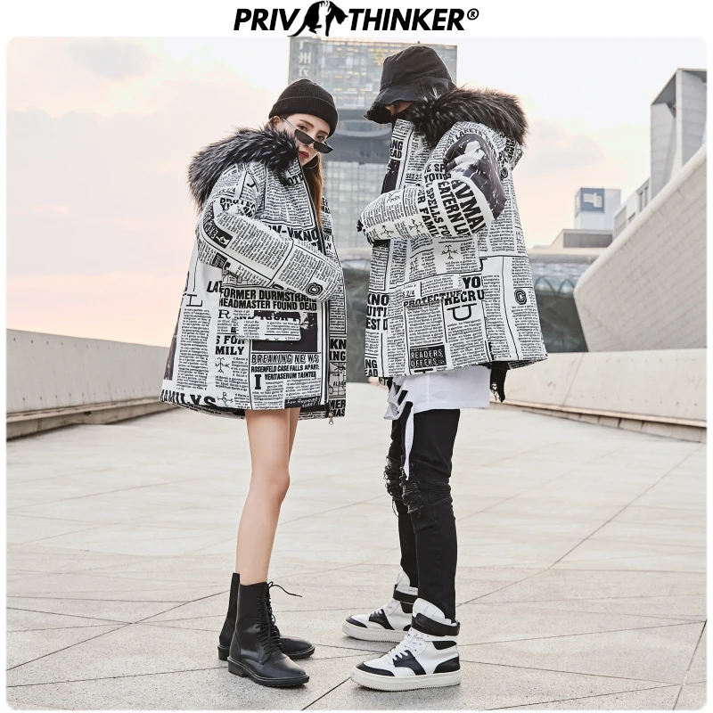 Privathinker, мужская и женская модная куртка с газетным принтом, мужские парки, s, толстое теплое зимнее пальто, парка, мужское меховое пальто с капюшоном, Winderbreak