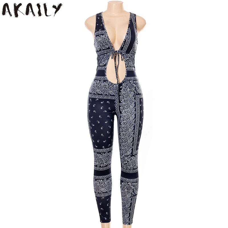

Akaily Summer Streetwear Print Sleeveless Bodycon Jumpsuit Women Slim Hollow Out Bandage Female Jumpsuit One Piece Outfit 2021