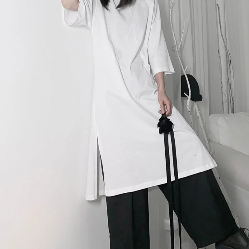 Женские новые летние круглый воротник сплошной цвет с длинными разрезами