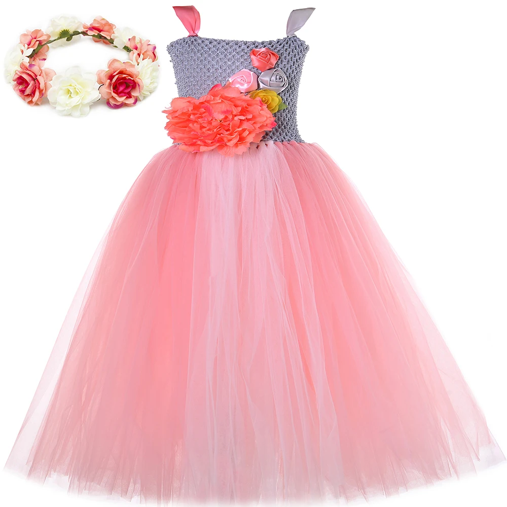 

Flower Fairy Tutu Dress Costume with Wreath Kids Tulle Princess Dress Ball Gown Children Girls Wedding Birthday Party Dress 1-14