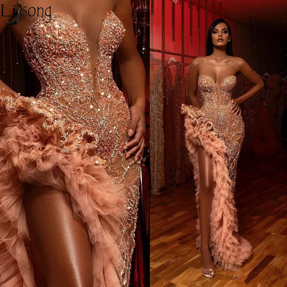 

Aso Ebi Champagne Blush Mermaid Prom Dresses 2020 Sparkly Beaded Ruffles High Slit Sweetheart Arabic Evening Dress Occasion Gown
