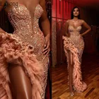 Aso Ebi Шампань Румяна платье русалки Выпускной 2020 блестящие бисерные оборки с высоким разрезом сердечком арабское вечернее платье