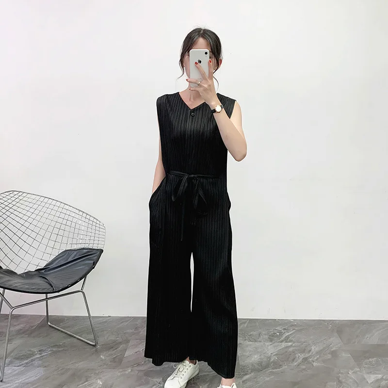 LANMREM 2021 Summer New Pleated Jumpsuits For Women Clothes Drawstring Waist Casual Wide Leg Pants Loose Sleeveless YH677