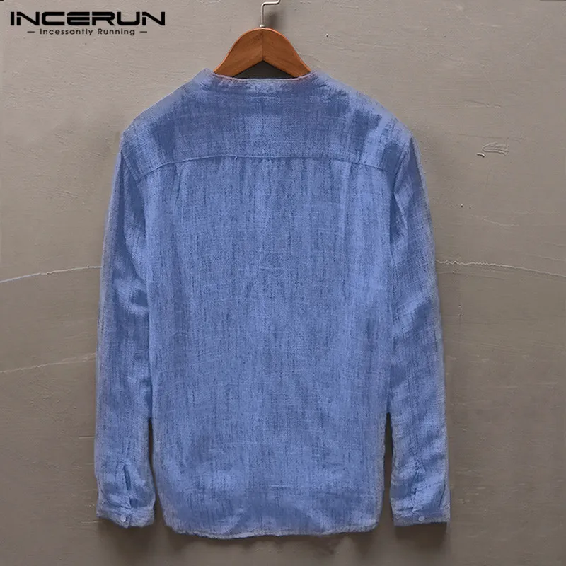 INCERUN Men Casual Shirt Stand Collar Long Sleeve Tops Pullover Leisure Button Japanese Men Basic Shirts Camisa Harajuku  2022
