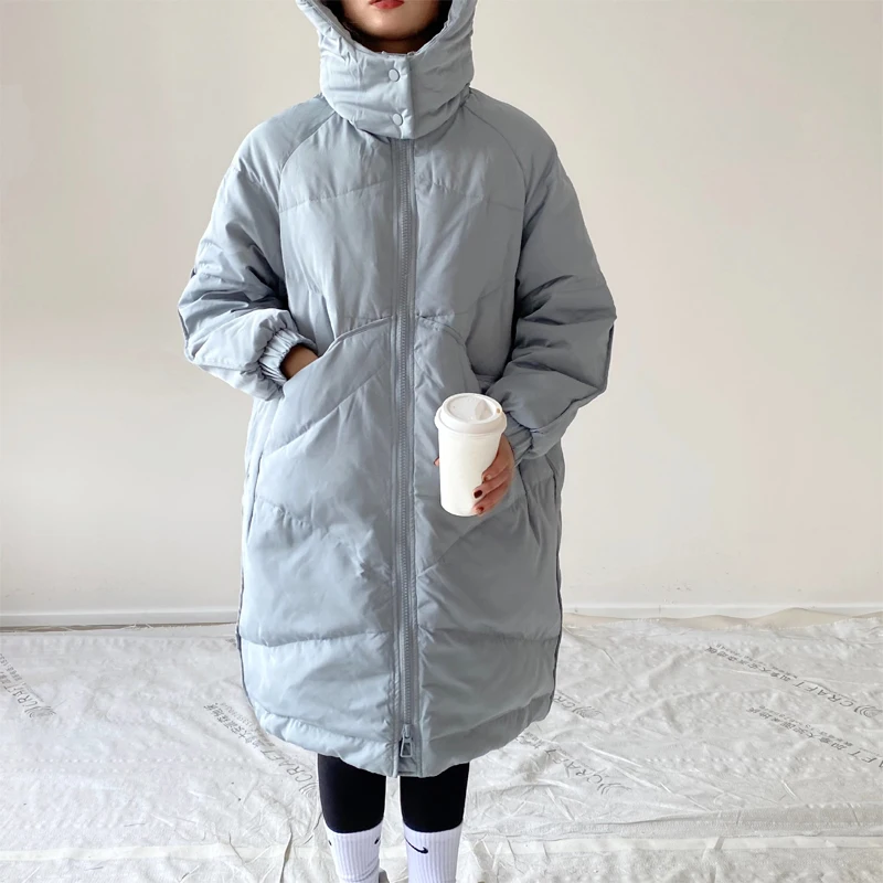 

Winter women's casual solid color loose long hooded down jacket