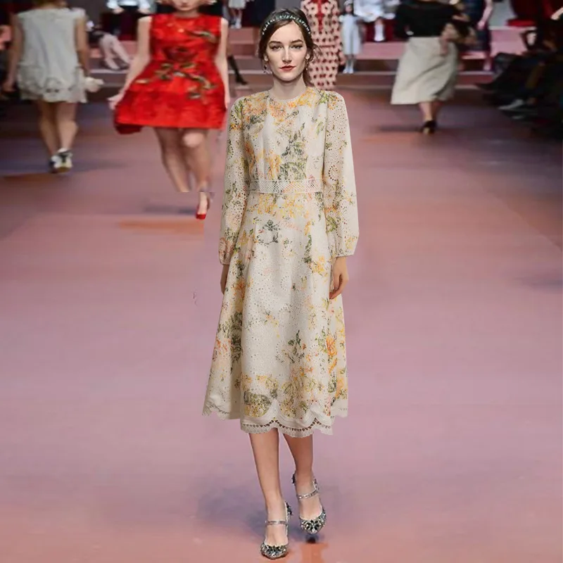 

European model during the spring of 2021 in women's clothing collar lantern sleeve cotton embroidery long women dress