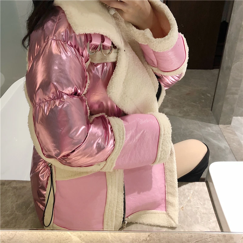 WHITNEY WANG осенне-зимняя модная уличная шерстяная куртка из искусственной кожи с подкладкой женская кожаная куртка в байкерском стиле Толстая парка пальто