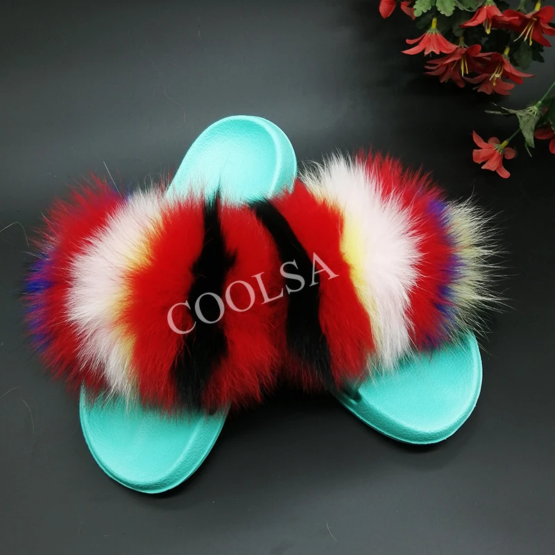Шлепанцы Coolsa женские с зеленым мехом красивые меховые сланцы пляжные