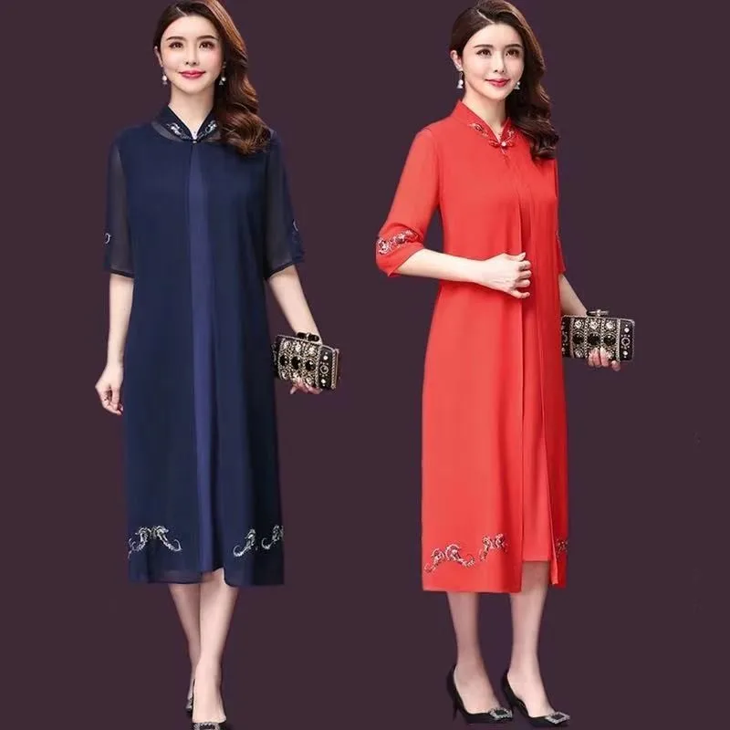 2021 Spring Summer Round Collar Embroidery Xxxl Women Dress New Style Simple Elegant Temperament Mother Female Two Piece Dresses | Женская