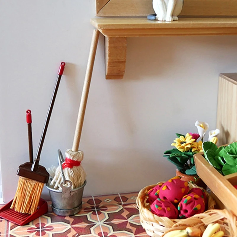 

1/12 Mini Bucket Mop Model Doll Life Scene Dollhouse Miniature Garden Kitchen