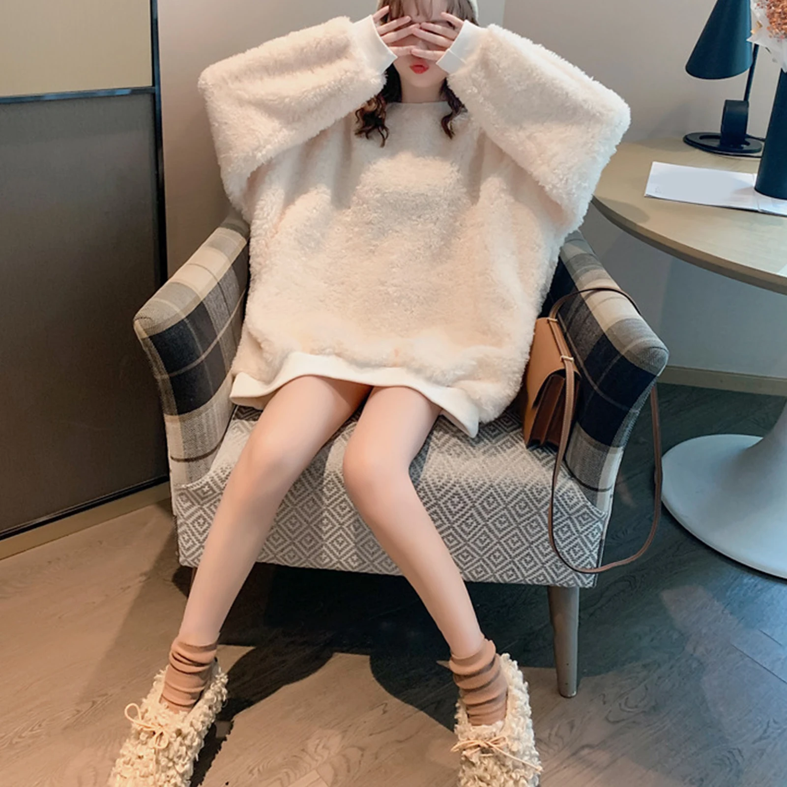 Women Autumn Winter Solid Color Pullover Plush Thick Oversized Sweatshirt Hoodie