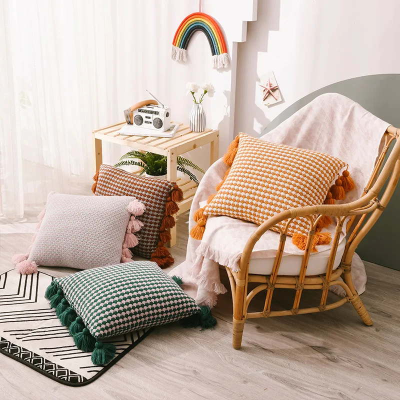 

45x45cm Fashionable modern ins wind knitted tassel pillowcase hotel model room sofa pillow cover decorative pillows