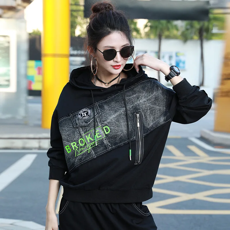 Толстовка Max LuLu Женская в стиле пэчворк дизайнерская уличная одежда Корейском