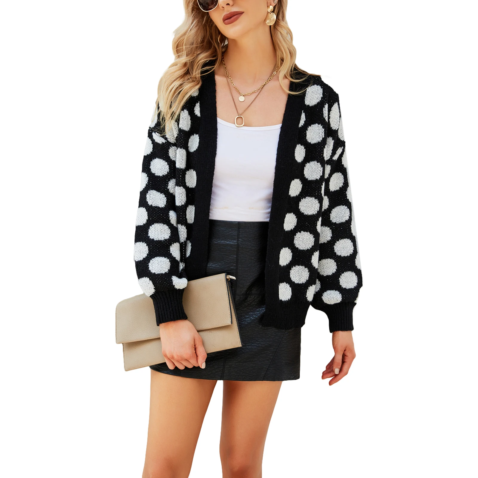 

Women Open Front Knit Sweater, Adults Color Block Dot Print Long Sleeve V-neck Cardigan