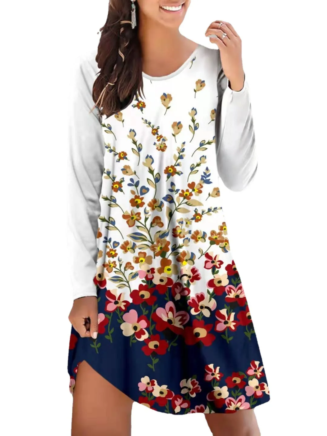 

Spring Women's V Neck Flower Print Dress Casual Long Sleeve Short Dress Female Boho Leisure A Line Party Vestidos 2021