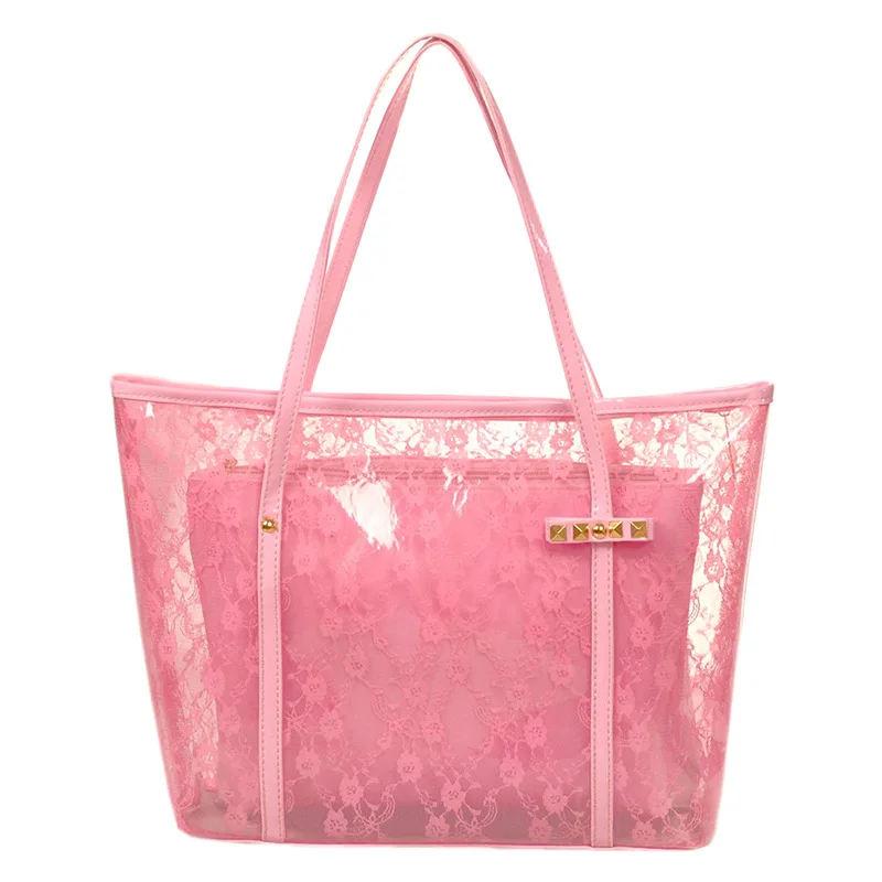 

PVC bag elegant lace Summer Beach Bag woman Shoulder Bag Fashion Handbag Plastic Clear Transparent Bags clear shopping totes