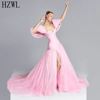 2021 fairy series pink tulle prom dresses party gown high split sweetheart short sleeve evening dresses vestido robe de soiree