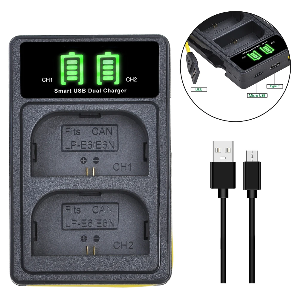 3x LP E6 LPE6 батарея 2600 мАч + Type C двойной светодиодный USB зарядное устройство для Canon EOS