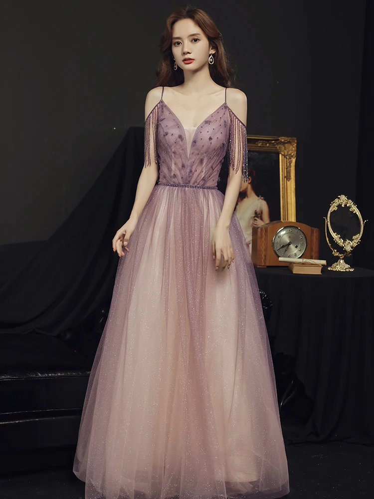 Роскошное вечернее платье с V-образным вырезом фиолетовое фэнтезийное бальное на