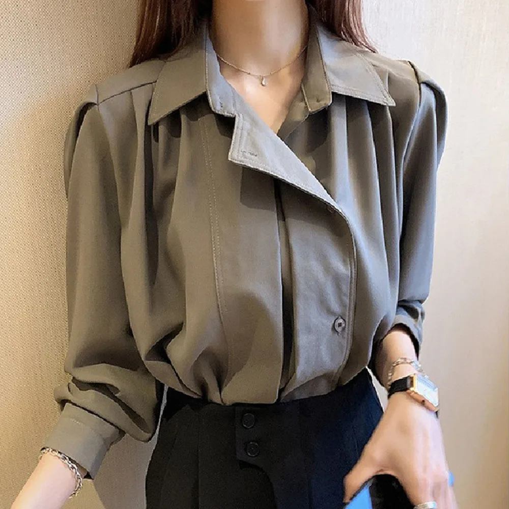 

Casual Women Blouse Solid Lapel New Design Sense Niche Puff Sleeve Top All-match Loose Hong Kong Style Office Lady Clothing