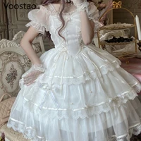 sweet lolita princess dress women cute white bowknot lace ruffles flowers wedding dresses girly kawaii tulle party fairy dress