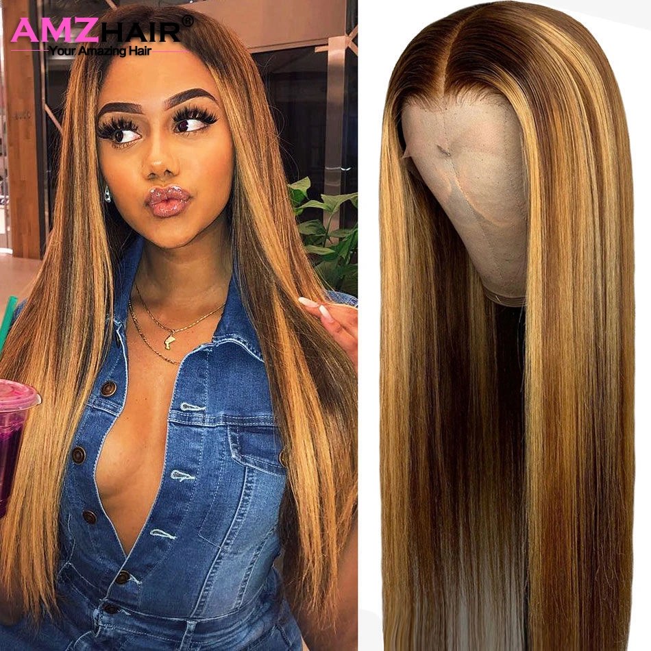 

HD Transparent Highlight Wig Human Hair Lace Frontal Wig Colored Ombre Brown Straight Lace Front Wig Pre Plucked Closure Wig