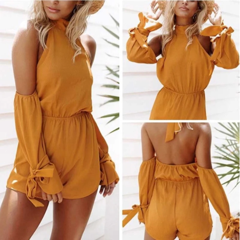 

Fashion Women Sexy Backless Playsuit Summer Beach Loose Yellow Rompers Sexy Bow Bodysuits Female Casual Jumpsuit