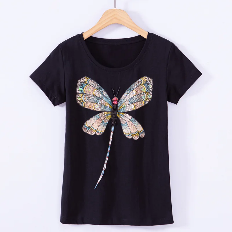 

Straight handmade women's T-shirt short sleeve spring and summer new big Dragonfly versatile large women's top 3207