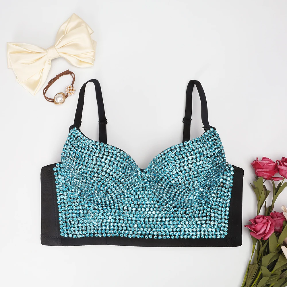 Fashion Sexy Golden Top with Rhinestones Glitter Short Diamond Crop Top for Women Appointment Party Club Clothing 2021