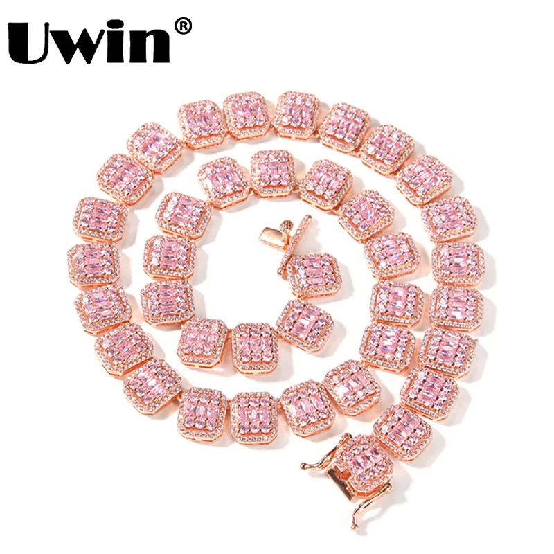 

UWIN10mm Baguette Chain Necklaces Paved Bling Pink Square CZ Iced Out Link Chain Necklace for Women Hip Hop Jewelry for Gift