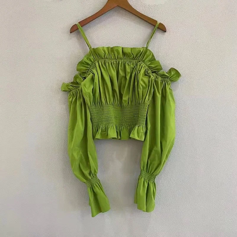 High Quality Cotton Blouses 2022 Spring Summer Fashion Green Tops Ladies Spaghetti Strap Elastic Pleated Deco Long Sleeve Blouse
