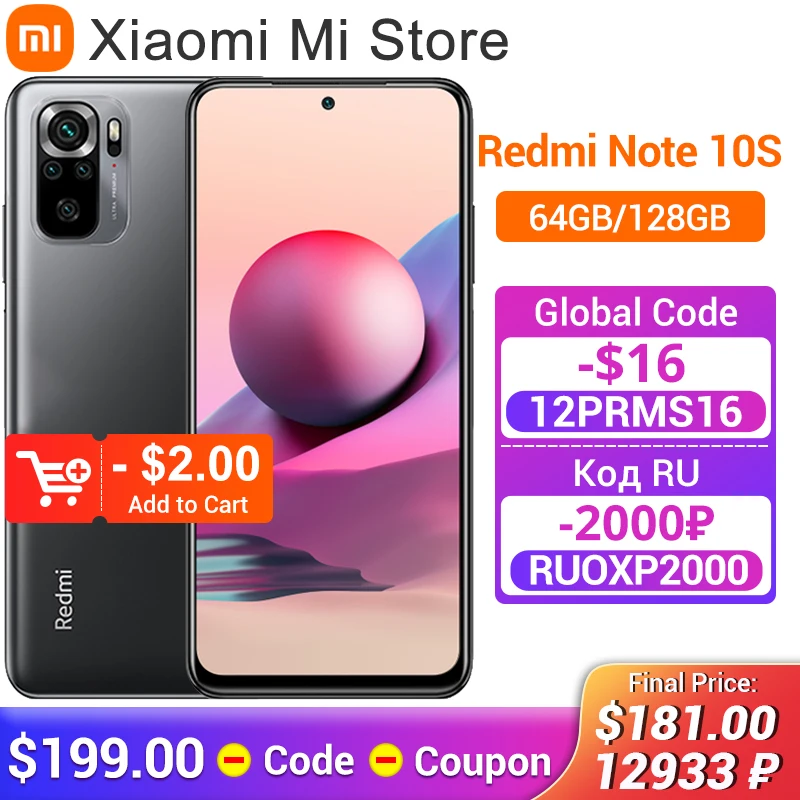  Xiaomi Redmi Note 10S, глобальная версия дюйма, 64 ГБ/128 ГБ, Восьмиядерный процессор Helio G95, экран 64-мегапиксельная четырехъядерная камера дюйма, 6,43…