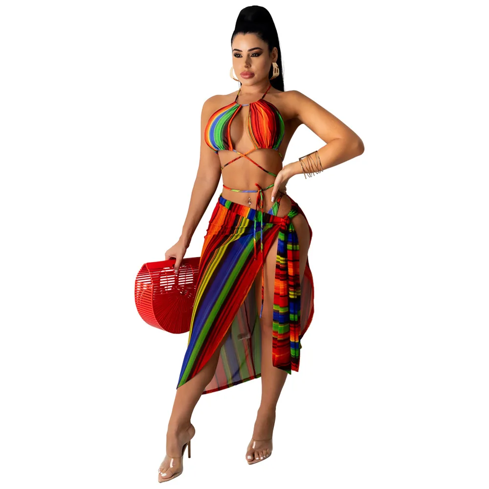 Сексуальный женский комплект бикини из трех предметов купальник в полоску с