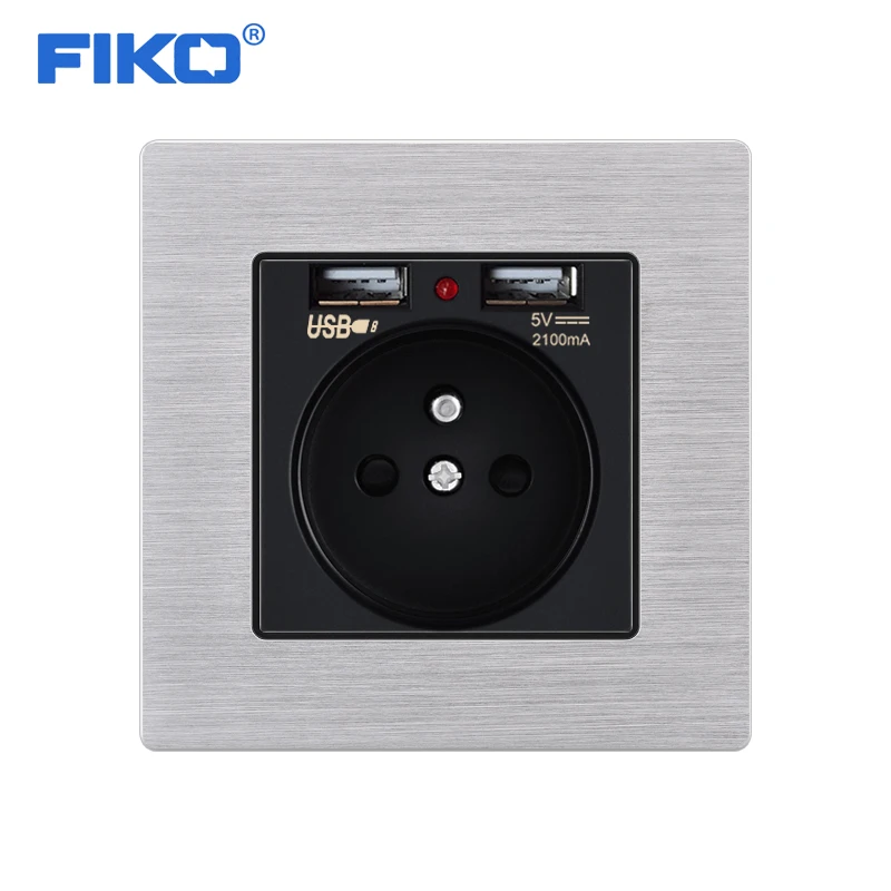 

FIKO 16a French standard Aluminum alloy panel dual USB household wall power socket 86*86mm electric outlet