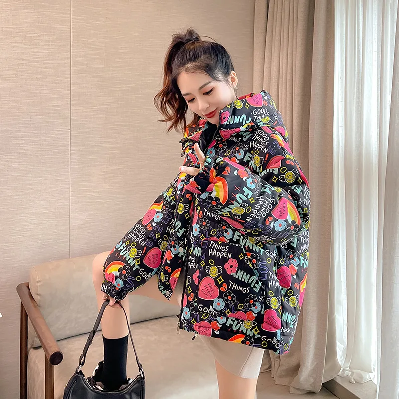 CGC 2021 Fashion Short Jacket Women Winter Coat  Casual Loose Keep Warm Cotton Padded Parka Female Thicken Printing Winter Coat