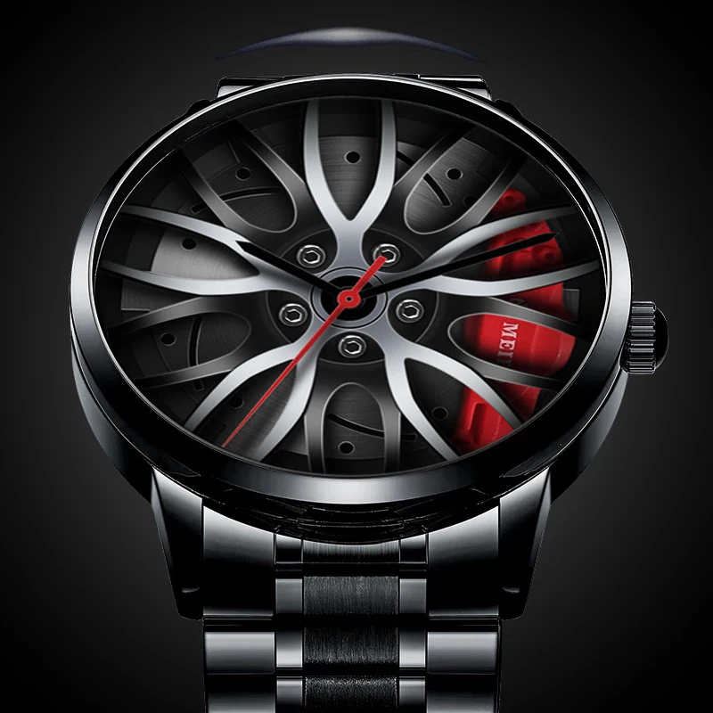 Luxury Fashion Mens Car Wheel Watches Sports Waterproof Quartz Wrist Watch Men Business Black Stainless Steel Wheel Hub Watch