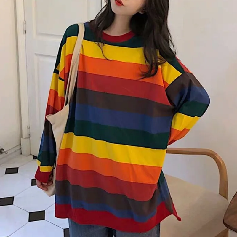 

Rainbow Print Hoodie Women Harajuku Long Sleeve Striped Sweatshirt Korean Style 2021 Casual Kawaii Pullover Ulzzang Kpop FERNAN