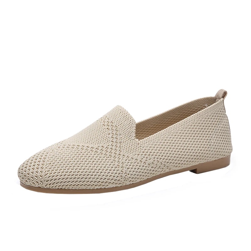 SLHJC Women Summer Autumn Flats Shoes Knit Fabric Breathable Loafers Square Toe Flat Heel Slip Resistance Sneakers Ballet Shoes