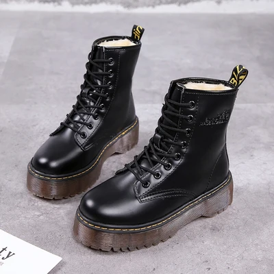 Botas/женские ботильоны в байкерском стиле; женские ботинки на танкетке со шнуровкой на платформе; сезон осень-зима; женские туфли-оксфорды из мягкой кожи; botas mujer - Цвет: black fur no zipper