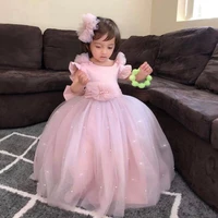 beautiful pink pearls flower girl dresses infant backless pageant robe de demoiselle kids princess birthday party