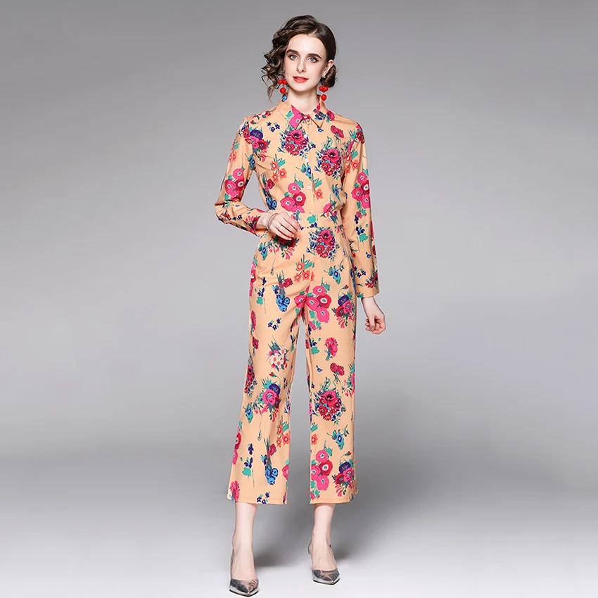 

Комплект из двух предметов Женский, винтажный топ и брюки с цветочным принтом, рубашка и штаны, комплект из 2 предметов, весна-осень