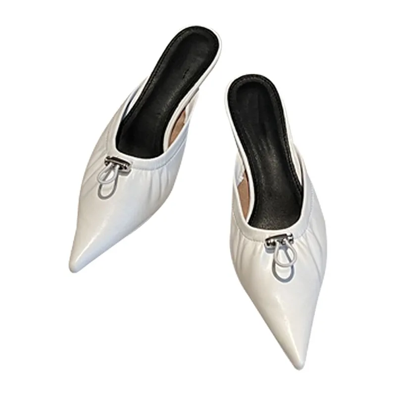 

2021 Women Slippers Fashion Thin Low Heels Slides Shoes Woman Pleated Slip On Mules Ladies Pointed Toe Heel Slippers Shoes
