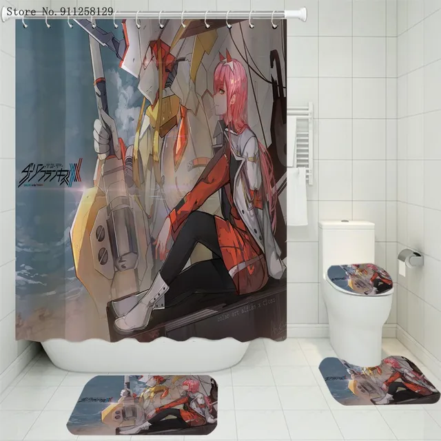 4 Pieces Darling In The FanXX Shower Curtains Sets Anime Cartoon Carpet Pedestal Rug Lid Toilet Cover Bath Mat Bathroom Set