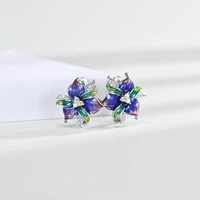 unique design ladies purple enamel petal flower earrings crystal blossom engagement wedding bridal ear earrings jewelry