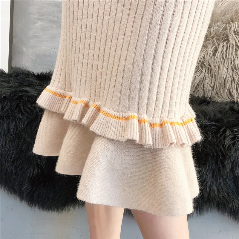 

Women Knitted Dresses New Autumn Winter Warm Long Sleeve Half Turtleneck Sweater Dresses Slim Ruffle Pull Knit Dress Vestidos