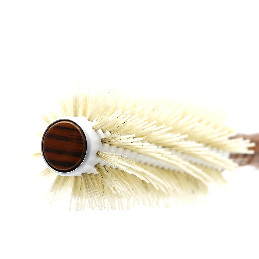 

Heat Resistant Antistatic Wood Hair Round Brush With Nylon Teeth And White Bristle 3 Sizes Wooden Hairdressing Round Curly Comb