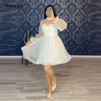 verngo 2022 white dotted tulle short prom party dresses long sleeves high neck bride gowns pink prom dress women plus size