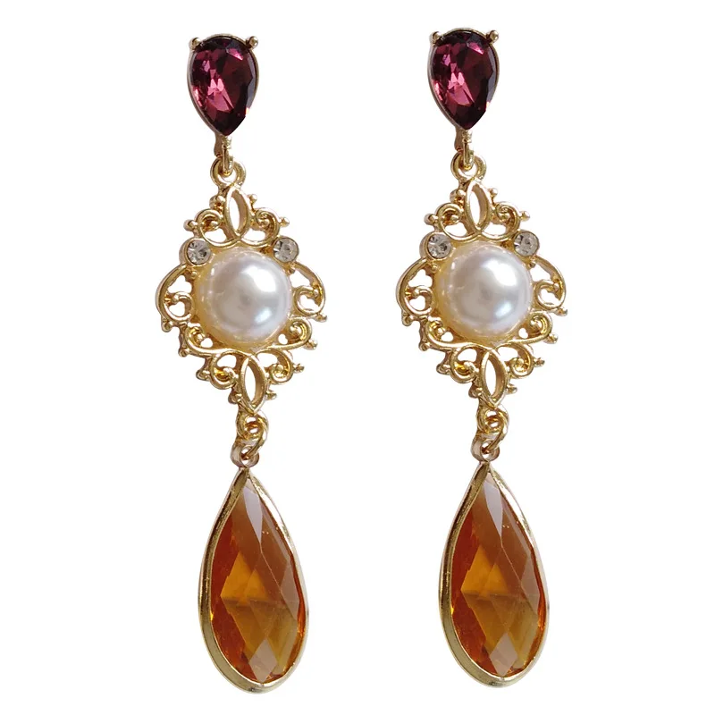 

S925 needle Retro Drop Earrings Purple Crystal Metal Golden Plating Simulated Pearl Yellow Glass Teardrop Earring For Women Gift