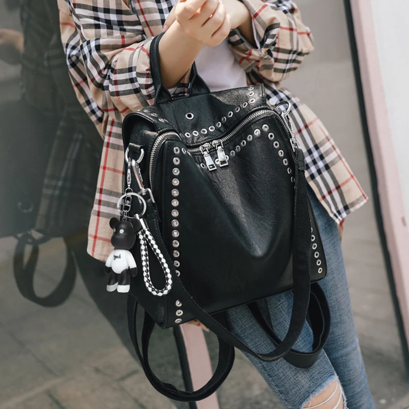 

Luxury Women Genuine Leather Backpack Rivet Multifunctional Shoulder Bag Female Retro Travel Bag Teenage Girls Fashion Schoolbag