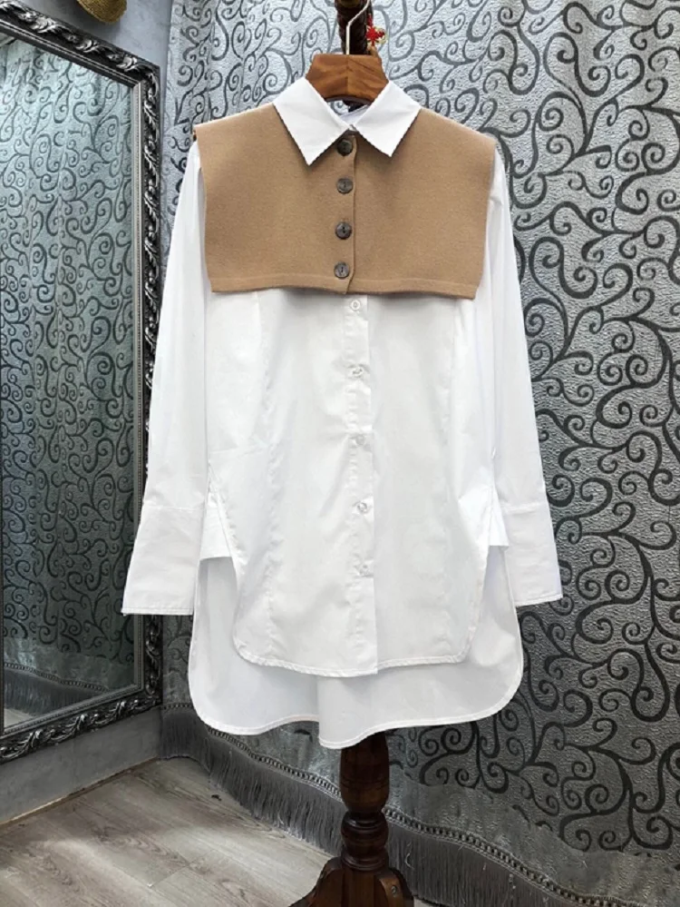 

Fashion 2021 Autumn Long Shirt Dress Sets Women Turn-down Collar Full Sleeve Long White Shirts+Buttons Deco Vest Tops Coat 2 pc